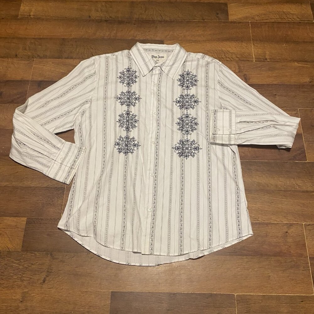 Pop Icon Shirt Mens XXLarge Black Button Up Embroidered‎ Goth Club Western